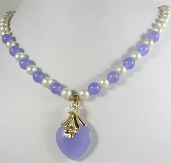 

trendy mixed white pearl purple natural jade necklace +heart pendant