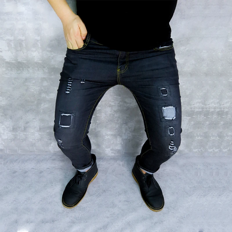 2019 Men Stylish Ripped Jeans Pants Biker Skinny Slim Straight Frayed Denim Trousers New Fashion skinny 3