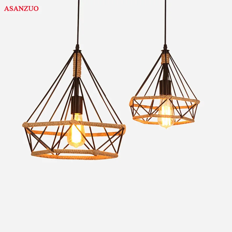 

Industrial Retro Pendant Lights For Restaurant bar Cafe shop Hanging Light Woven hemp rope Diamond cages Pendant lamp