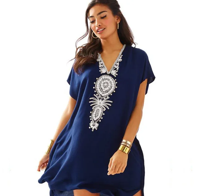 

Blue Boho Printed Dyed Holiday Cover Ups Woman's Beach Lace Crochet Cover-Ups Dress Swimwear Kaftan Batwing Swimsuit Cover Up