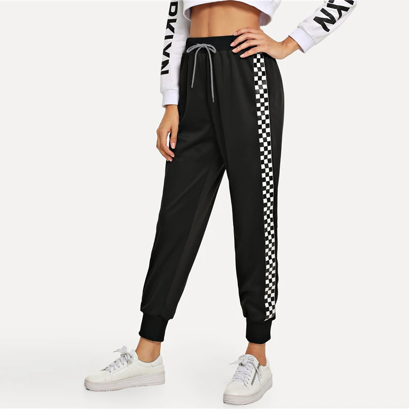 ROMWE Black Drawstring Waist Plaid Panel Pants Women Casual Autumn High Waist Bottoms Sporty Sweatpants Female Sports Trousers