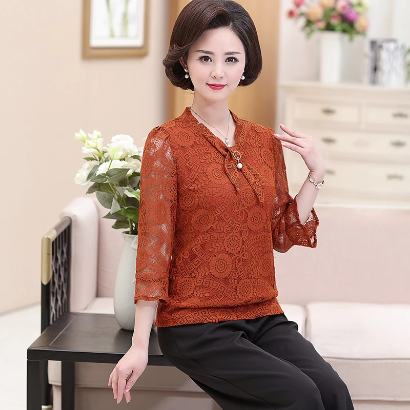 

NIFULLAN Lace Blouse Tops 2019 Spring Summer Mother Plus Size Bottom Shirts Femme Womens Clothing Blusa Feminina Casual Pullover