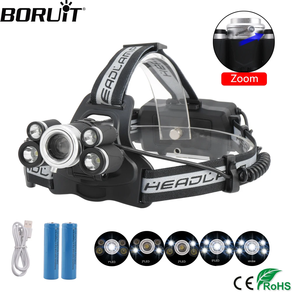 

BORUiT SQ-009 5-Mode Zoomable Headamp XML T6 R2 LED Headlight USB Charger Head Torch Fishing Camping Flashlight by 18650 Battery