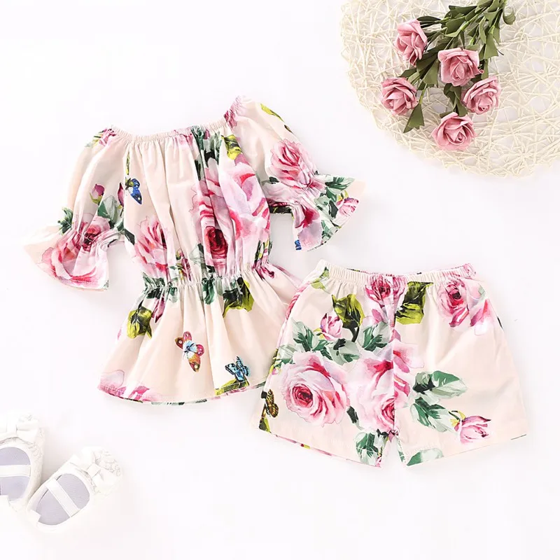 

2Pcs/Set Summer Baby Girls Casual Flare Sleeve Flower Print T-shirt Tops+Shorts Suits Costume Set