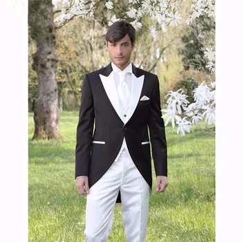 

talian Morning Style Gentleman men suit 2017 Black And White Groom Tuxedos 3 Piece Mens Wedding Prom Suits (Jacket+Pants+Vest)