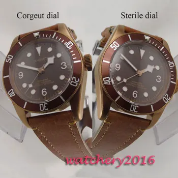 

41mm Corgeut Brown Dial Bronze Case Date Sapphire Glass luminous Leather Band Analog miyota Automatic Movement men's Wrist Watch