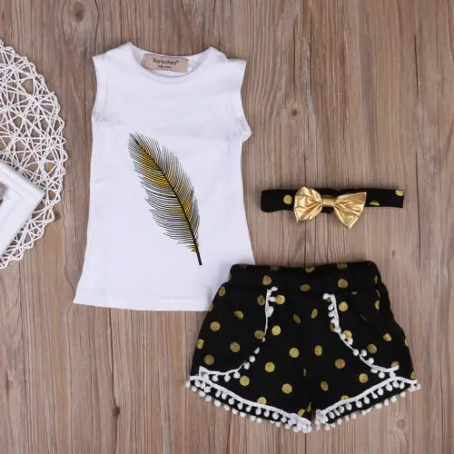 

USA Toddler Kids Baby Girl Summer White Sleeveless Tops T-shirt Denim +Black With Yellow Dot Shorts 3Pcs Outfits Clothes