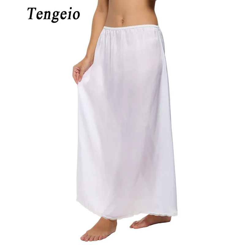 Tengeio Femmes Jupon Jupons Satin Trim Maxi Dentelle Long Noir Jupon