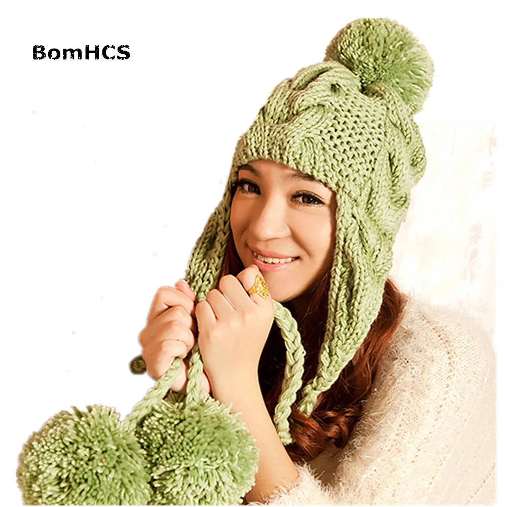 

BomHCS New Women's Thick Cable Handmade Knit Beanie Ear Muff Warm Hat with Top Pom