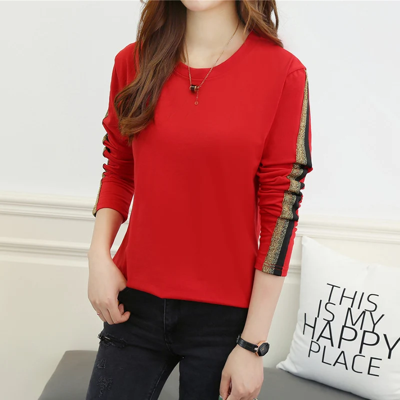Осенняя Женская хлопковая тонкая футболка, Повседневная Свободная серая полосатая футболка с длинным рукавом, женские топы в Корейском стиле размера плюс 3XL 4XL 5XL - Цвет: MeiY 56 hong