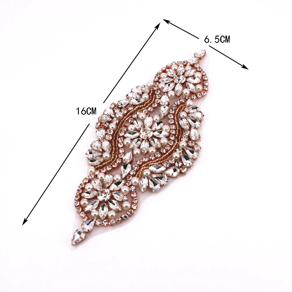 

16x6.5cm 1 pcs Rose Sewing On Rhinestone Applique Gold Base Clear Crystal Rhinestones DIY Wedding Evening Dress
