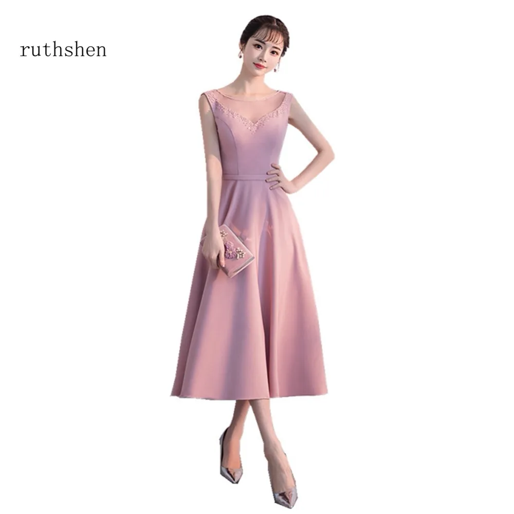 

ruthshen Sexy Backless Prom Dresses 2018 In Stock Tea Length Sleeveless A Line Beaded Party Evening Gowns Vestido De Festa