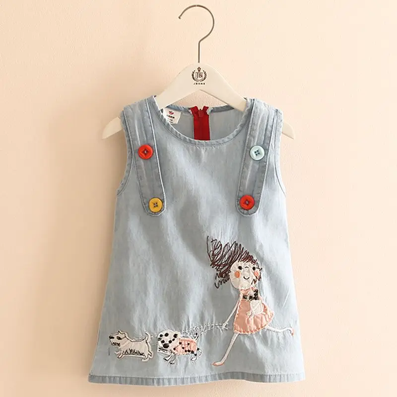 Summer New 2 3 4 6 8 10 Years Embroidery Cartoon Dog Tank Vest Dresses With Button O-Neck Cotton Baby Kids Girl Denim Dress