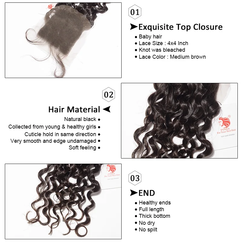 [FYNHA] Indian Virgin Hair Bouncy Curly Hair Weave 3 Bundles With Lace Closure Human Hair Extensions