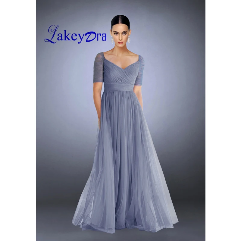 

Lakeydra A-Line Evening Dresses Tulle Deep V-Neck Short Sleeve with Pleat Zipper Back Plus Size Evening Gowns