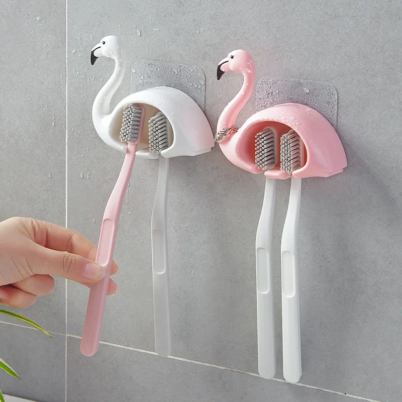 

2Colors Wall Bathroom Flamingo Sucker 2 Position Toothbrush Holder Suction Hooks Family Set Bathroom Accessories