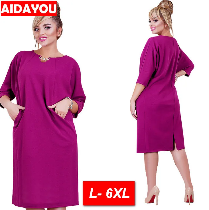 

Plus size 6XL Women summer dress 5XL straight knee length pocket sequined work Dresses big size red blue for party ouc941