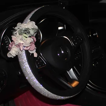 

Bling Diamond Crystal Car Steering Wheel Cover pu Leather Lace Flower Rhinestone Steering Wheel Case for Women Car Accessories