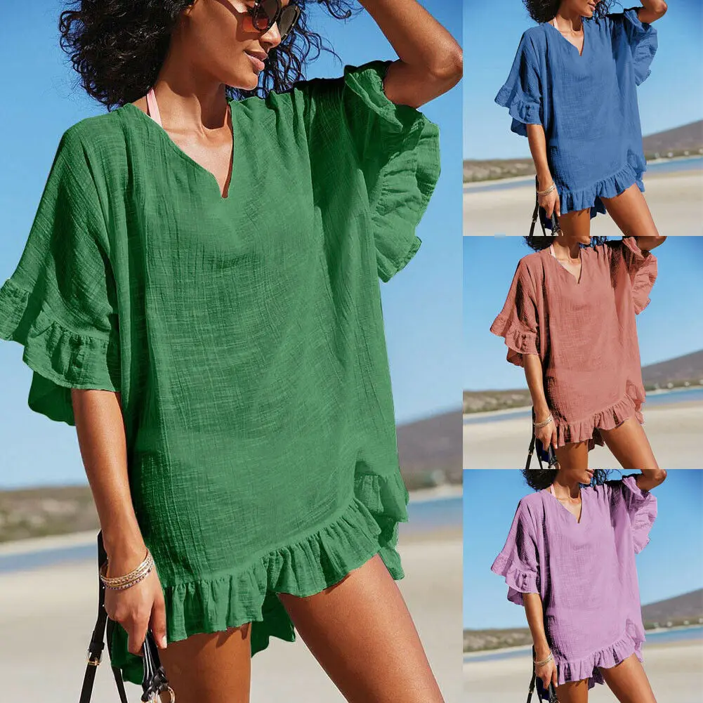

2019 New Summer Vintage Womens Holiday Vacation Beach Bikini Cover Up Boho Casual Party Sun Mini Dress Sundress Bathing Suit