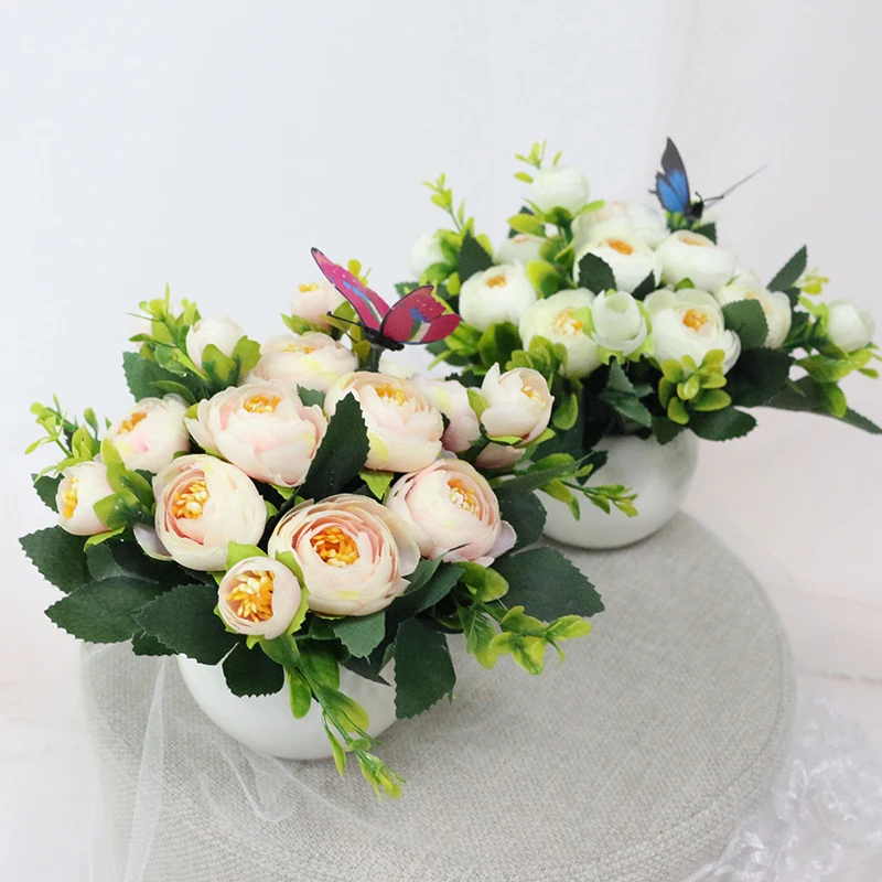 JAROWN Artificial Flowers Rose Quality Ceramics Vase +Silk Flowers Artificial Flower Set Home Decoration Home Flowers Decoration (4)