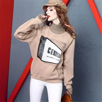 

2019 Winter new fashion street style high collar women's coat printing bat long sleeve loose plus velvet female sweatshirt YH392