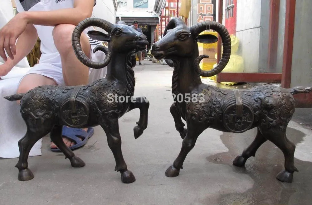 

China Classical Bronze Coper Feng Shui Money Coin wealth Sheep Goat Statue Pair