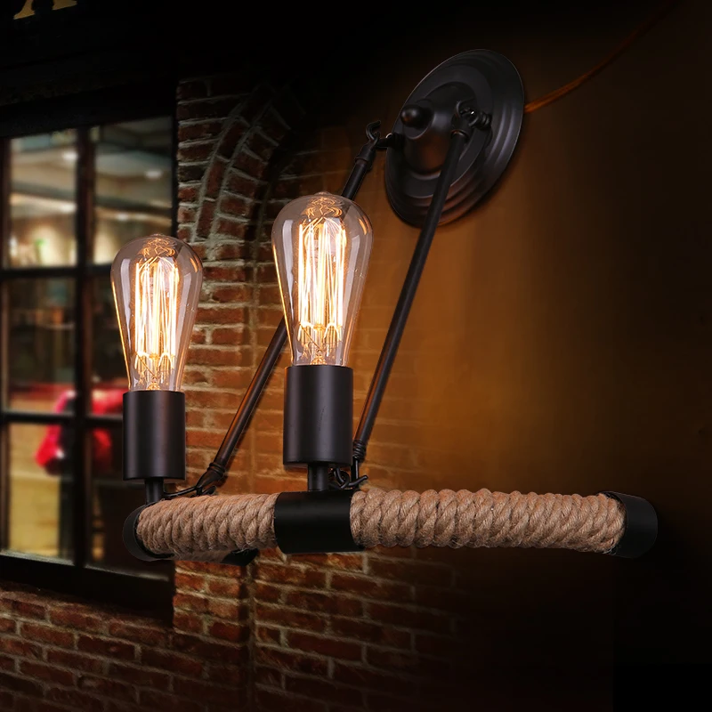 

American village style iron rope wall lamp vintage retro hemp rope luminaria applique murale industriel wall decor sconce aisle
