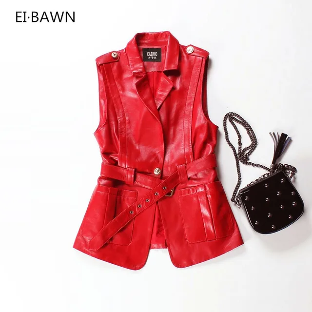 2018 New Arrival Vest Women Sheepskin Black Red Sleeveless Jacket Ladies Fashion Design Belt Lapel Real Leather Vest All Match