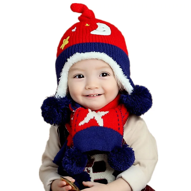 New Fashion Baby Winter Autumn Warm Knitted Hat Scarf Set Children Cotton Thread Hat Boys And Girls Star Wool Cap Cashmere Suit