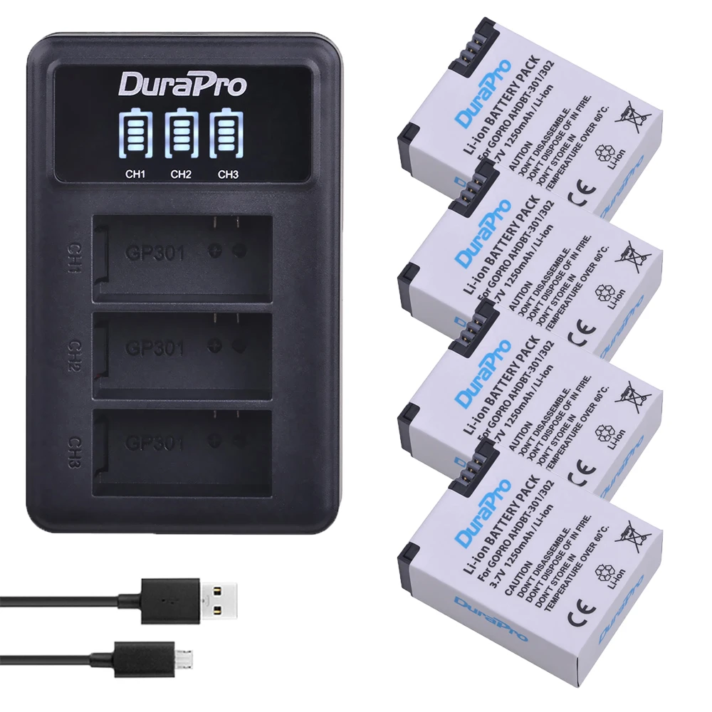 4pc 1250mAh AHDBT 301 AHDBT 302 Rechargeable Battery LED 3 Ports Charger for AHDBT 301 302