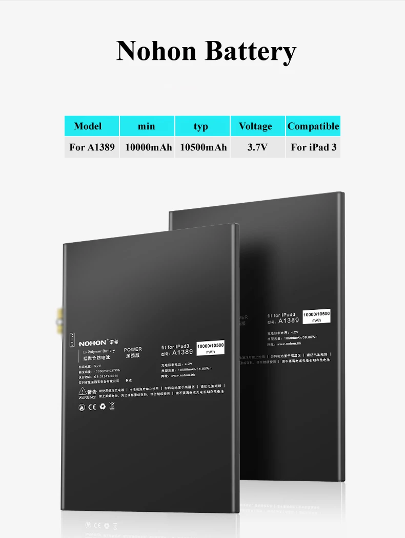 Nohon Battery For iPad 3 4 ( A1389) 3RD A1403 A1416 A1430 A1430 A1433 A1458 iPad3 iPad4 10500mAh Bateria+Tool For Apple iPad 3 4 Battery Details (10)