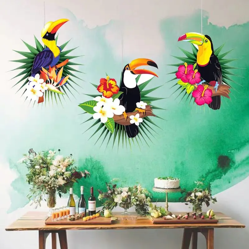 

3pcs DIY Jungle Tropical Toucan Palm Leaves Summer Hanging Parrots Honeycomb Garden Decor Bird Shape Evening Party Decor