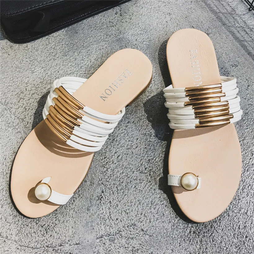 

Summer Women Flat Shoes Women Fashion Pearl Set Toe Summer Flat Flip Flops Sandals Loafers Bohemia Shoes zapatos mujer #40
