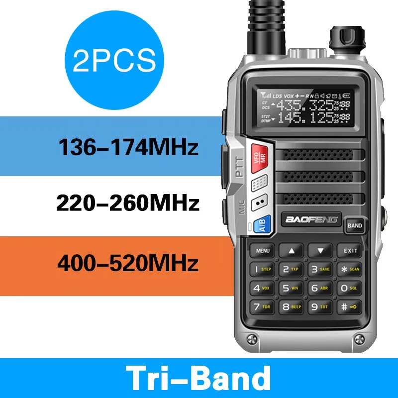 2 шт трехдиапазонное радио BaoFeng UV-S9 8 Вт Высокая мощность 136-174 МГц/220-260 МГц/400-520 МГц портативная рация Любительская портативная двухсторонняя рация - Цвет: silver  tri-band