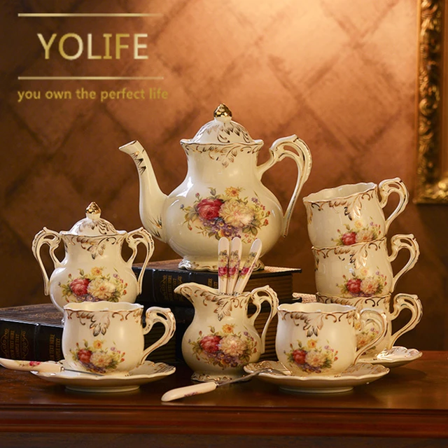 Best Price Yolife 15pcs Chinese Classic Rose Ivory Porcelain Tea Pot Milk Jar Sugar Jug Tea Cups Saucers for Wedding Gifts