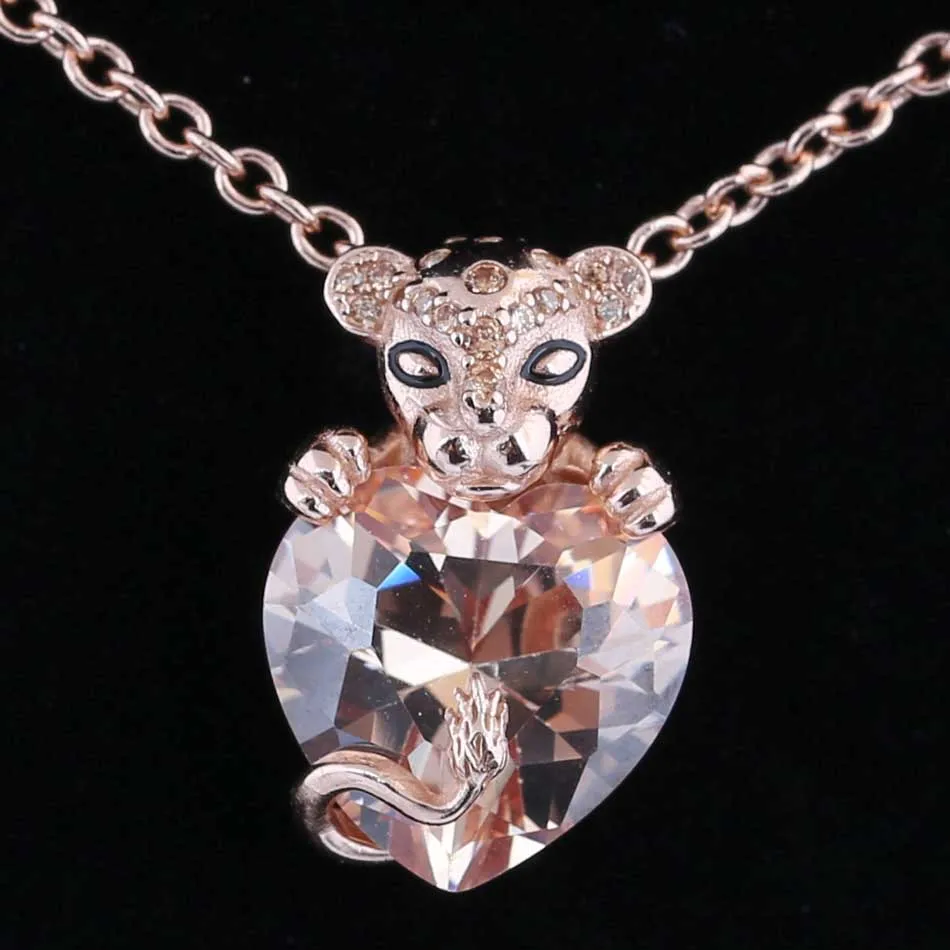 

New 925 Sterling Silver Necklace Black Enamel Rose Lioness With Heart Stone Pendant Necklace For Women Gift Diy Pandora Jewelry