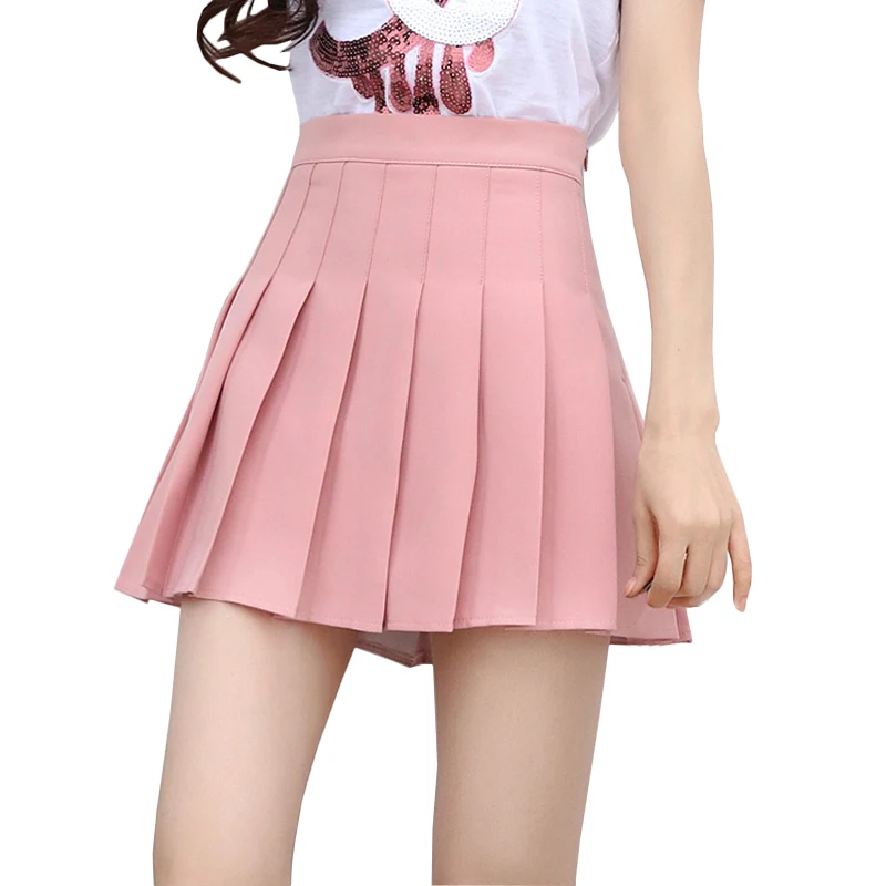 High Waisted Pleated Mini Skirt 2018 Summer Preppy School Girl Pink Solid Color Ulzzang Womens