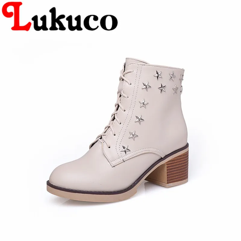 

Lukuco spring/autumn mid-calf boots with cross-tied and rivets design 40 41 42 43 high heel shoes high quality PU made