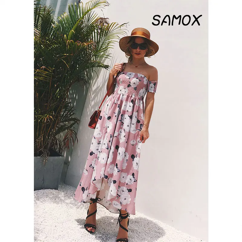 JSMY 2019 New Summer Fashion Women Off-the-shoulder Split Printing Chiffon Beach Dress