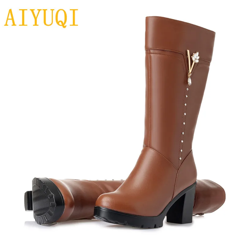 AIYUQI/женские зимние сапоги на платформе из натуральной кожи теплые шерстяные