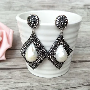 

5 Pairs Natural Pearl Dangle Earrings Paved Crystal Rhinestone lerather Charm Earrings for women Jewelry ER439