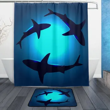 

Sea Animal Shark Shower Curtain and Mat Set, Ocean Creature Waterproof Polyester Bathroom Curtain