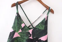 European Station Summer New Tropical Style Palm Leaf Print Beach Casual Dress Sleeveless Spaghetti Strap V-neck Vestido Curto