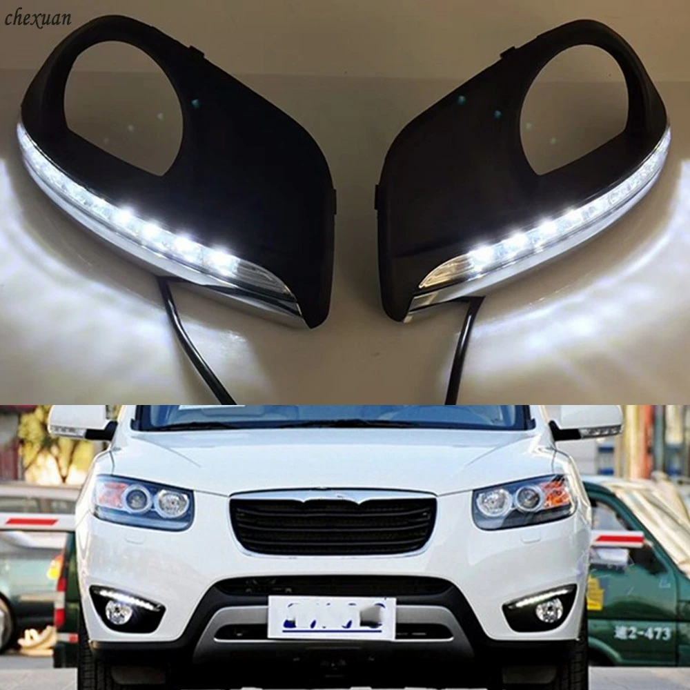 

CSCSNL 2PCS For Hyundai Santa Fe 2010 2011 2012 LED DRL Daytime Running Lights Fog Lamp Cover With turnning yellow signal Lamp