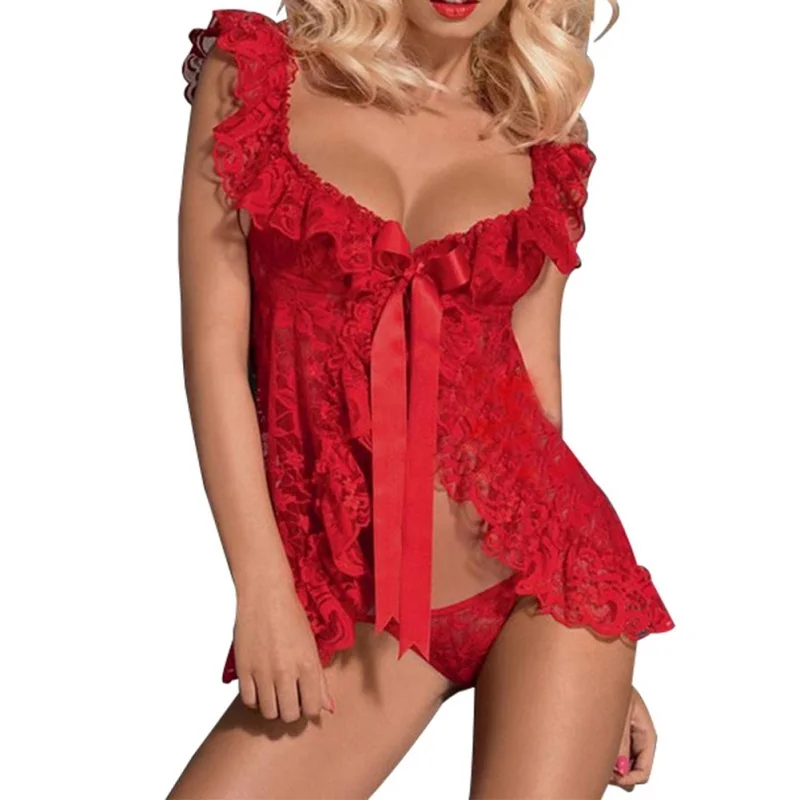 

White Black Red Lace Babydoll Women Sexy Lingerie Front Open Nighty Chemise Sleepwear Pajamas Set