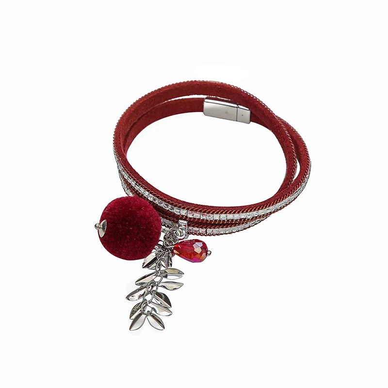 HX New Original Fashion Magnet Glass drill Buckle Crystal Hair Ball Fringe Double Circle Women Leather Bracelet Pendant Jewelry Fashion Jewelry