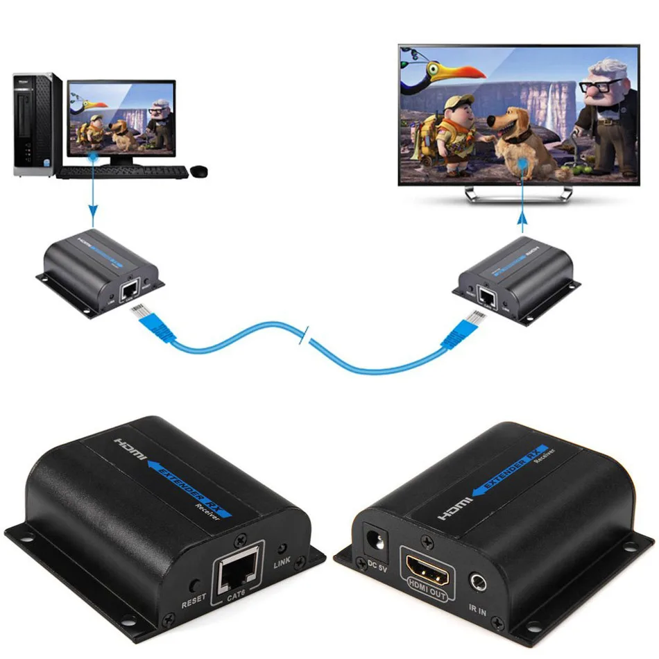 

LKV372A 1080P HDMI Extender with IR Transmitter + Receiver TX/RX 60M CAT6 RJ45 Signal Network Cable for CCTV Projector EU Plug