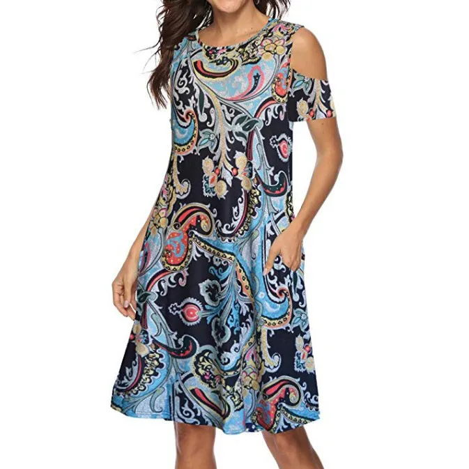 

women summer dress Women's Cold Shoulder Casual Sundress Dress For Summer With Pockets vintage dress vestidos verao robe femme