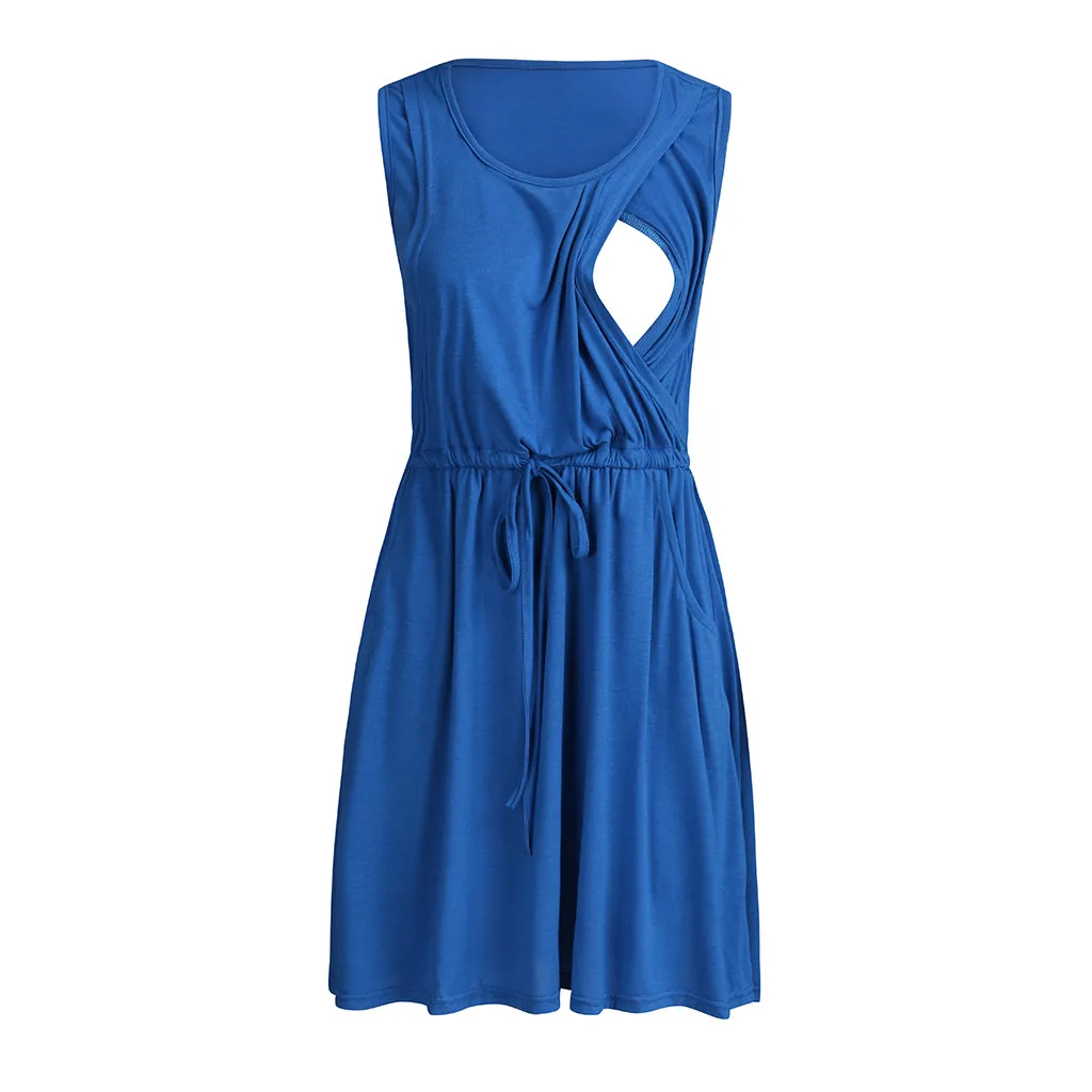 Летние женские платья для беременных без рукавов сплошной цвет беременность халат для кормящих женщин Повседневная хлопковая одежда для беременных - Цвет: Синий