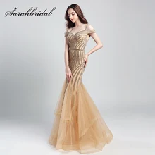 Романтическое длинное вечернее платье русалки с бисером, Новое поступление, тюлевые вечерние платья с рюшами и открытыми плечами OL494